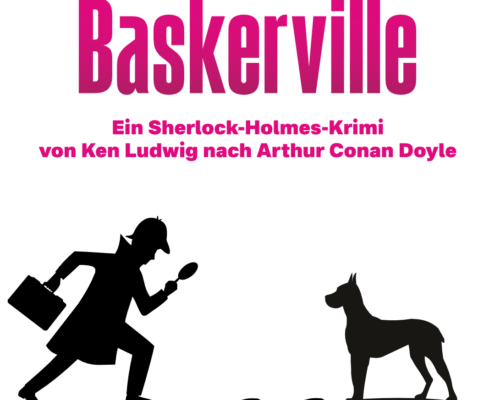 Ein weißer Hintergrund. Links sieht man einen Scherenschnitte von Sherlock Holmes mit Lupe und einem Koffer. Fußspuren führen zum Scherenschnitt eine Dobermannes. Der Titel in pinken ins Dunklere verlaufenden Buchstaben lautet Baskerville. Der Untertitel Ein Sherlock-Holmes-Krimi von Ken Ludwig nach Arthur Conan Doyle
